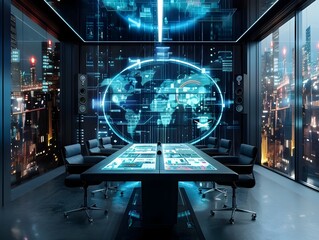 Futuristic Virtual Meeting Room with Holographic Data Visualization for Business and Technology Networking