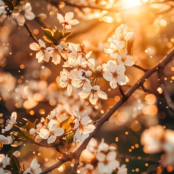 close-up view of cherry blossoms illuminated by sunlight