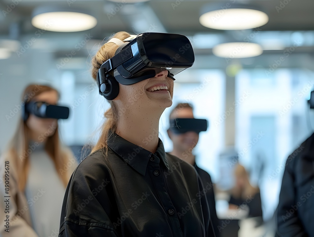 Poster team of professionals in immersive virtual reality workspace highlighting digital communication and 