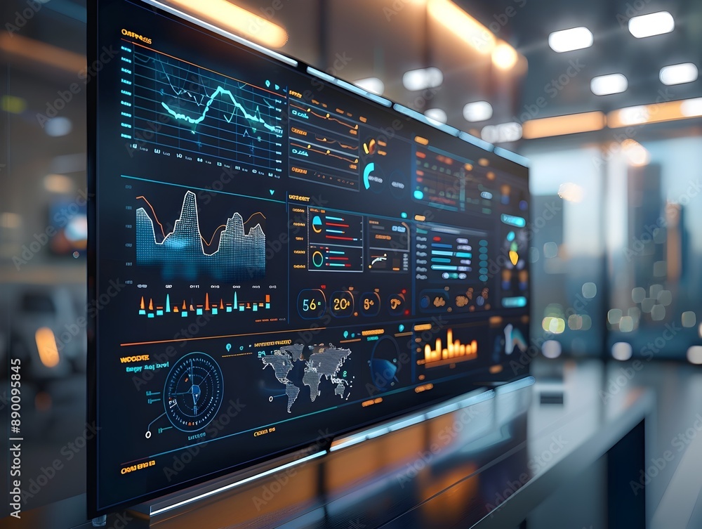 Poster interactive digital business analytics dashboard in high tech office environment