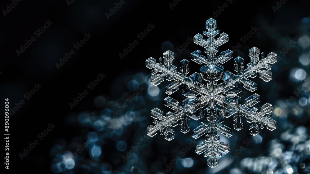 Poster close-up of intricate snowflake with dark, blurred background