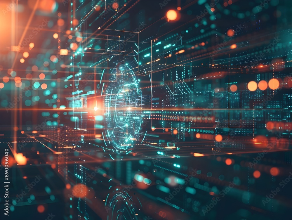 Poster futuristic business presentation with holographic data projections and network connections in techno