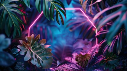 Fototapeta premium Neon Frame Surrounded by Tropical Leaves in a Vibrant Jungle Setting with Blue and Pink Lighting