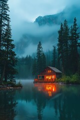 Fototapeta premium Cozy Cabin by Misty Lake in Pine Forest with Mountains in Background at Dusk