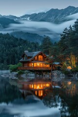 Fototapeta premium Cozy Wooden Cabin by a Tranquil Lake with Majestic Mountain Backdrop at Dusk