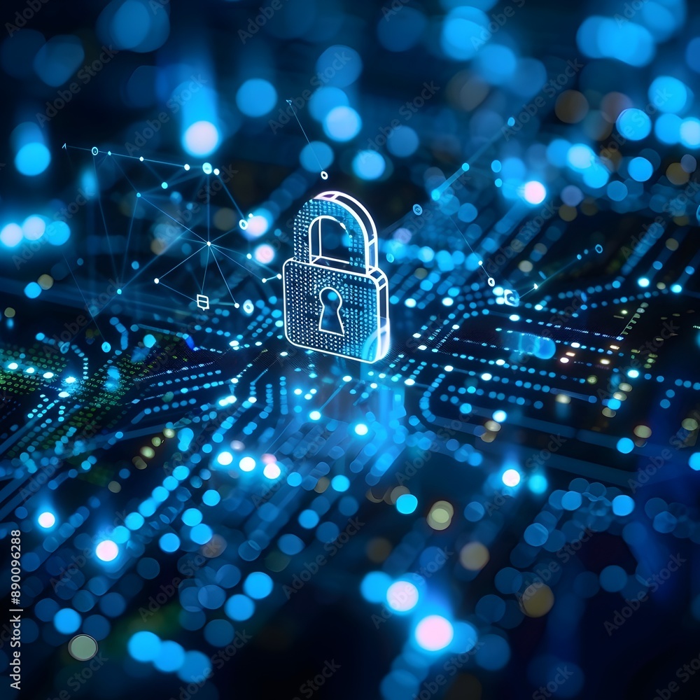 Poster cyber network security interface with digital lock and business data streams