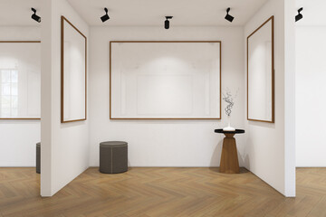 3d render of minimal interior design exhibition room. Wood frames mock up. Wood parquet floor, White wall and flat white ceiling. Set 10