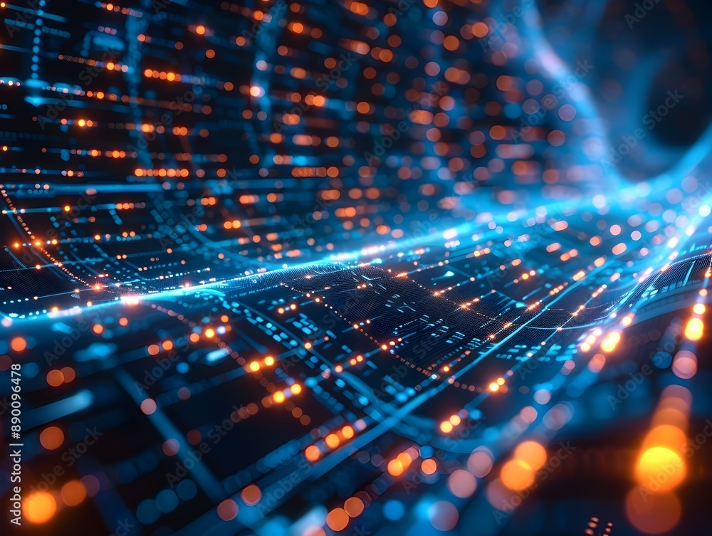 Poster glowing digital transformation concept with vibrant data streams and business analytics visualizatio