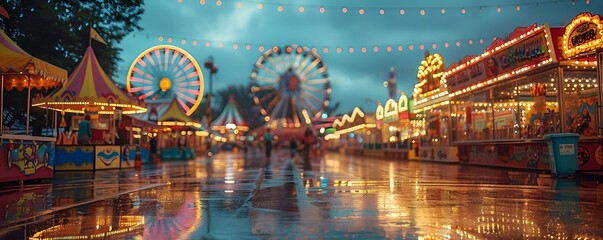 Vibrant amusement park at night with glowing lights and wet rides,.