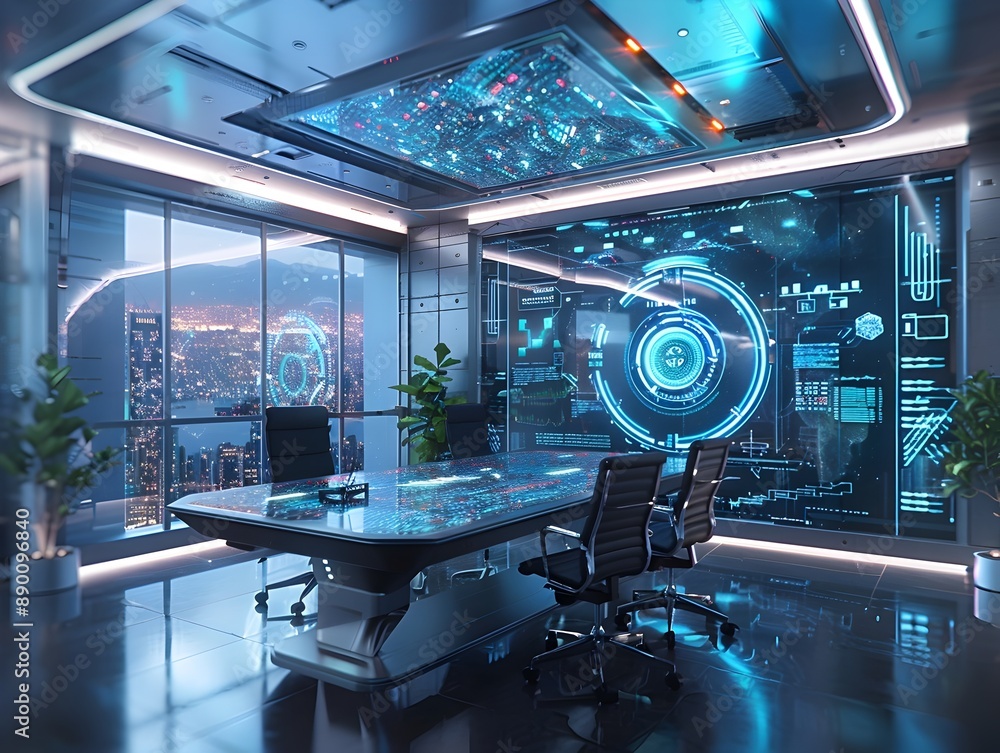 Poster futuristic office with holographic screens and digital communication tools for advanced technology n