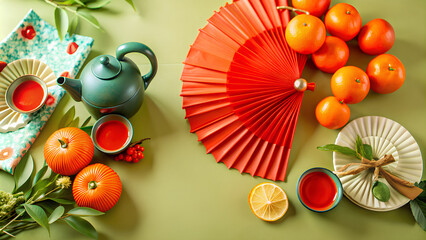 Chinese new year festival decorations with tangerines, classic clay teapot and red Chinese folded fans