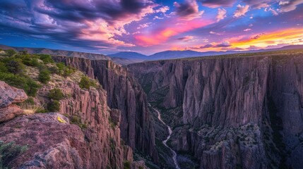 A beautiful sunset over a canyon with a river running through it