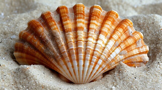 Single scallop shell on sandy surface isolated on white background, perfect for seashell collectors and coastal decor.