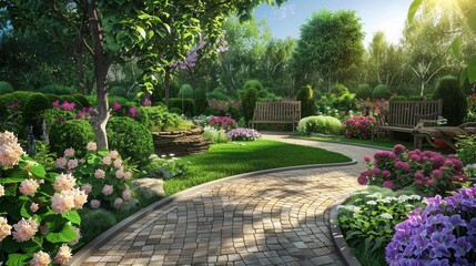 Fototapeta premium Serene Oasis. Tranquil garden filled with colorful flowers