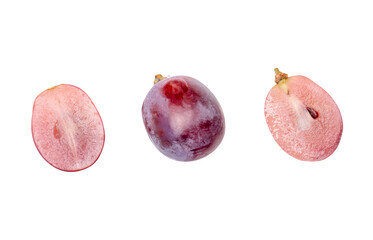 Top view set of single red grape or purple grape with halves isolated with clipping path in png file format