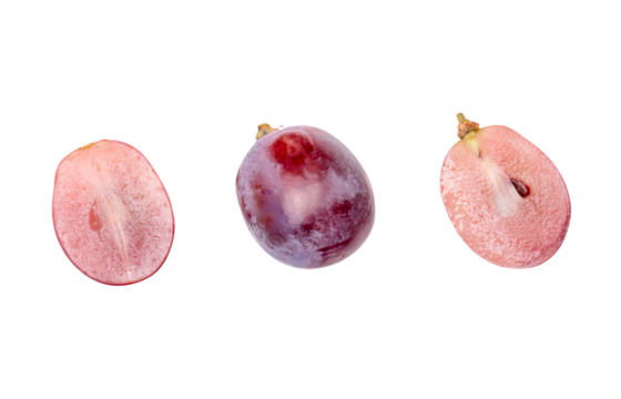 Top view set of single red grape or purple grape with halves isolated with clipping path in png file format