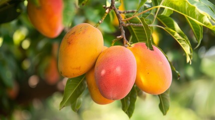 Three ripe mangoes hanging from a tree
