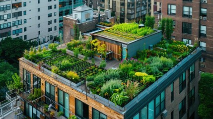 Green rooftop garden on a contemporary urban building