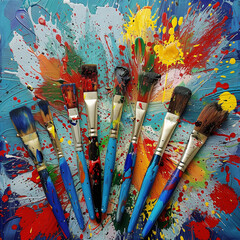 Artistic paintbrushes arranged on a colorful palette surrounded by vibrant paint splatters, representing creativity and expression