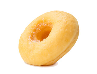 Side view of single brown cinnamon donut isolated with clipping path and shadow in png file format