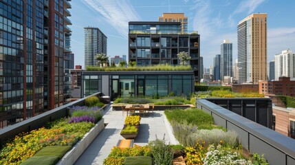 Green rooftop garden on a contemporary urban building