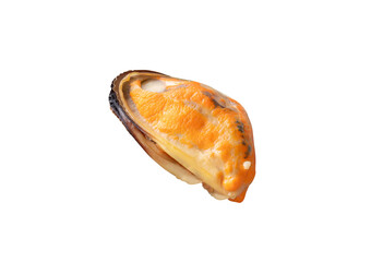 Top view of steamed or cooked delicious green mussel meat isolated with clipping path in png file format