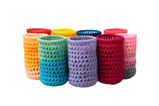 A Symphony of Crocheted Cups on White or PNG Transparent Background.