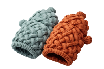 Cozy Companion: Two Knitted Mugs Cuddling Up on White or PNG Transparent Background.