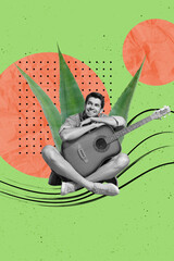 Vertical photo collage of happy guy composer hold acoustic guitar aloe vera plant performance event...