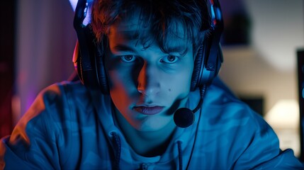 A focused gamer battles fiercely in a competitive tournament, eager for victory over tough opponents.