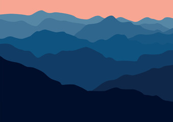 Mountain panorama. Banner with several layers of silhouettes of mountainous terrain. Hills with blue tone colors.