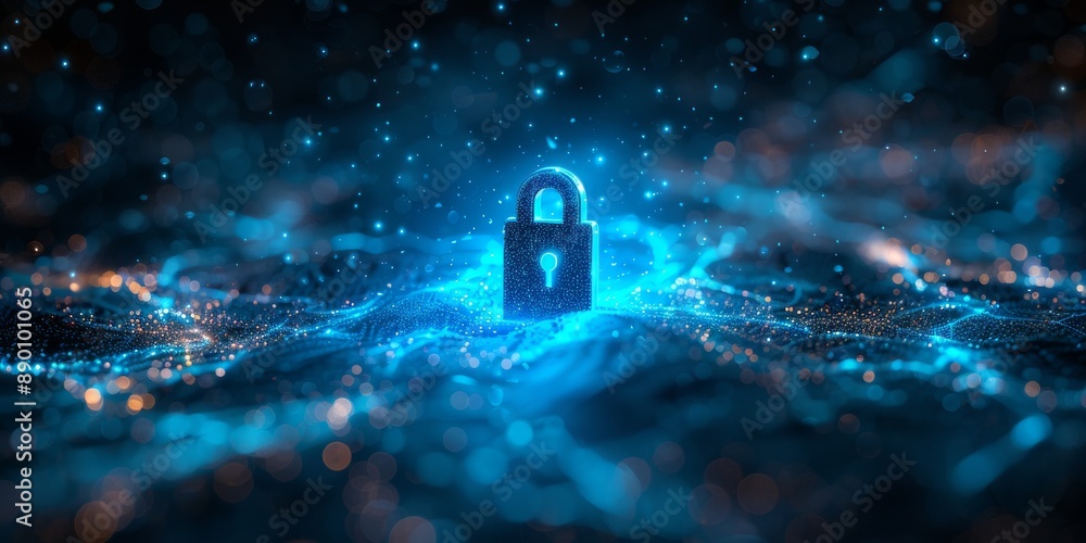 Poster glowing digital padlock surrounded by blue and orange particles representing cybersecurity and data 