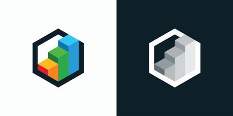 Vector logo design of geometric hexagon shape growth graph with three-dimensional effect modern, simple, clean and abstract style.