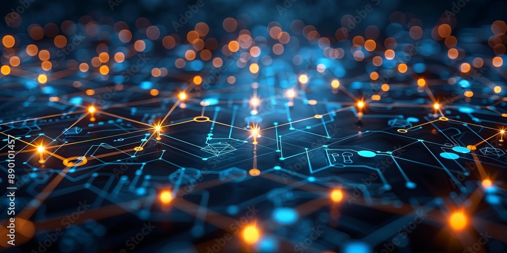 Poster abstract digital network with glowing connections and bokeh lights