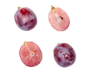 Top view set of two red grapes or purple grapes with halves isolated with clipping path in png file...