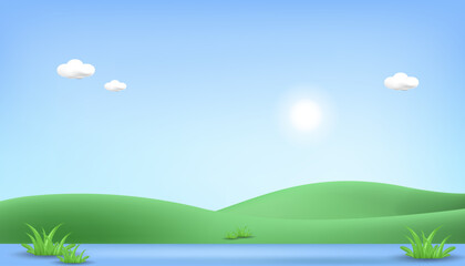 Obraz premium 3d landscape mountain and hills illustration with 3d trees, cloud and sun. vector illustration. 