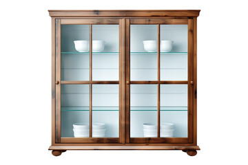 The Alabaster Symphony: A Wooden China Cabinet Filled With White Dishes on White or PNG Transparent Background.