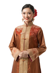 A young woman in a beautifully detailed traditional dress with intricate embroidery, smiling warmly. Her poised demeanor and cultural attire highlight her elegance and heritage