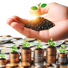 Man's hand placing silver coins on coins and trees growing on piles of coins, finance, business, investment, and growth concepts
