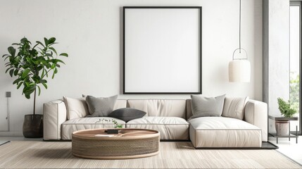 Minimalist Living Room with White Sofa and Black Frame Artwork