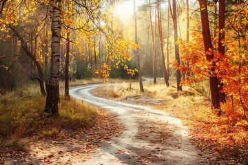 Obraz premium Autumn forest. Sunlight filters through trees as a winding path leads.