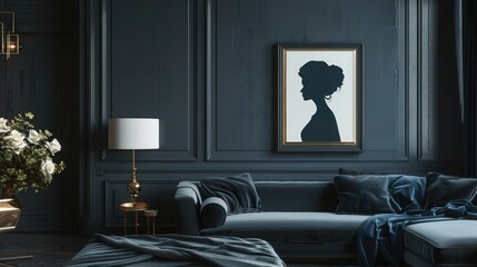 Luxurious wall frame mockup with a spooky silhouette art piece in a refined, upscale living space.