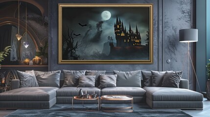 Luxurious wall frame mockup with a spooky haunted castle in a posh, contemporary living room.