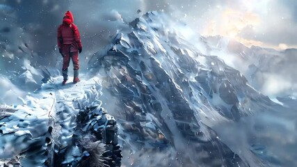 A Person Wearing a Red Snowsuit Standing on a Rock Ledge While Looking at a Snowy Mountain