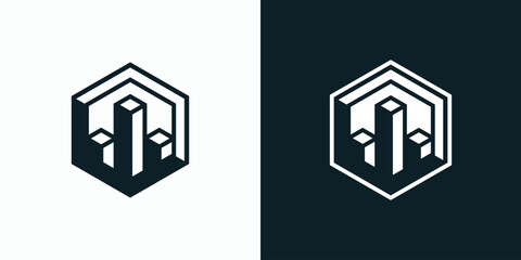 Obraz premium Vector logo design of geometric hexagon shape growth graph with three-dimensional effect modern, simple, clean and abstract style.