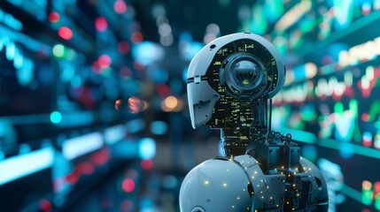 An illustration depicting the use of advanced AI to analyze market volatility and predict recession impacts, aiming to minimize financial loss.