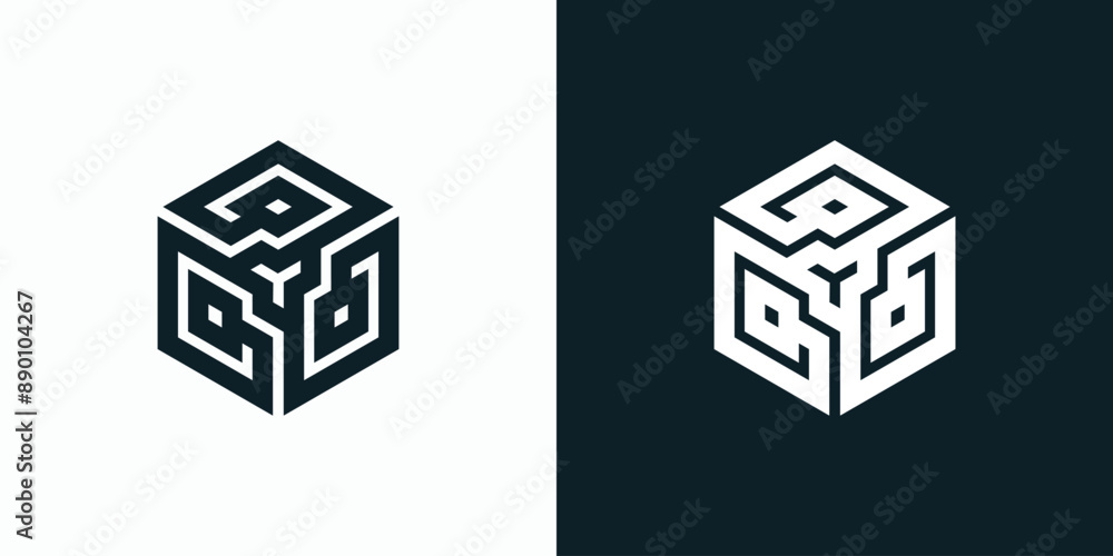 Poster three-dimensional cube shape technology connection vector logo design with modern, simple, clean and