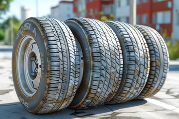 Abandoned weathered tires stacked together on city street