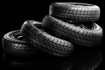 Stacked automobile tires with intricate treads on glossy black reflective surface