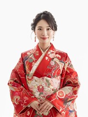 A young woman dressed in a stunning red kimono adorned with intricate floral designs. Her poised and serene expression, coupled with her traditional attire, highlights her cultural heritage